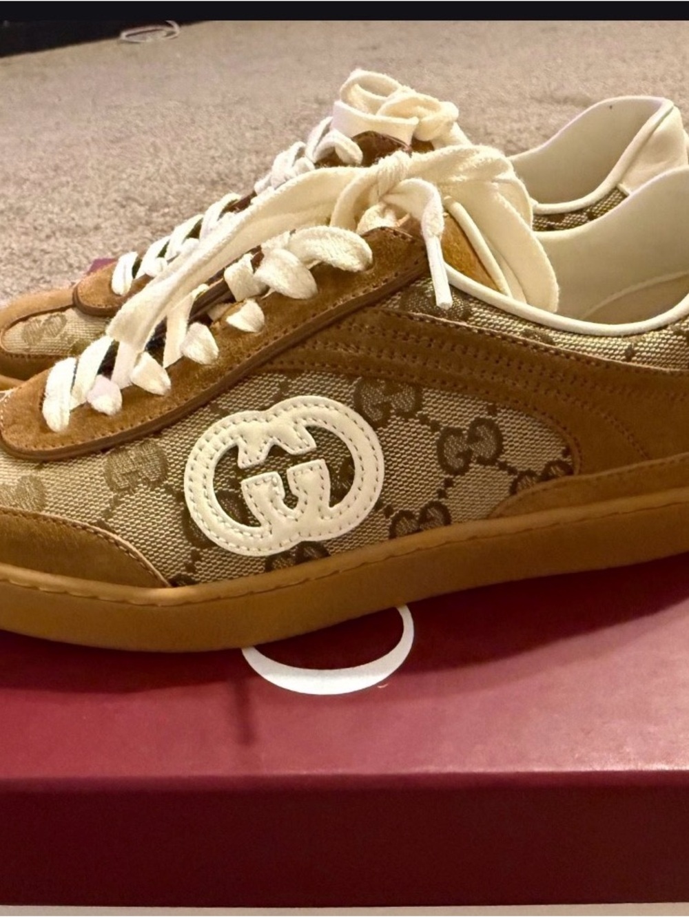 Gucci Brown & Beige GG Canvas Leather Low-Top Sneakers size 5.5